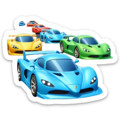 A busy highway with cute fast-moving racing cars with active aero canards surrounded by green fields and distant mountains under a bright blue sky sticker