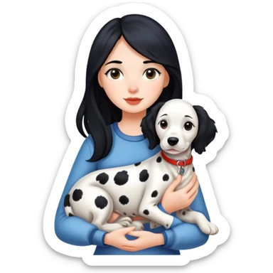 A girl with long black hair is holding a Dalmatian sticker