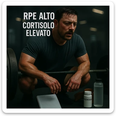 Replace the floating icons above the head with clear and readable Italian text: 'RPE alto' and 'Cortisolo elevato', maintaining the cinematic style and original color palette of the image. sticker
