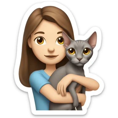 A girl with brown hair hugs a sphinx cat of light gray color with a white nose sticker