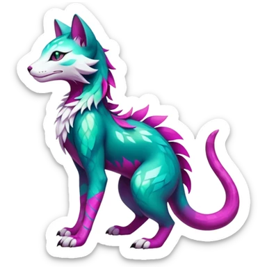 Kawaii colorful iridescent dark-turquoise-green and magenta and white beautiful pretty elegant divine edgy feline-vernid-sergal-Fakémon-Pokémon-fursona-animal-creature with accessories, full body, with intricate detailed markings sticker