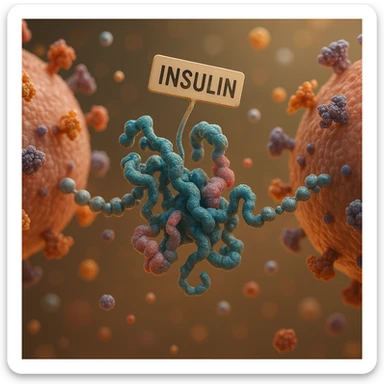 insulin stylized as a messenger between cells, hyper realistic 4K style, molecular details, educational atmosphere sticker