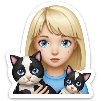 Cute cat black and white stain like a cow in the arms of a blond girl with bangs and blue eyes sticker