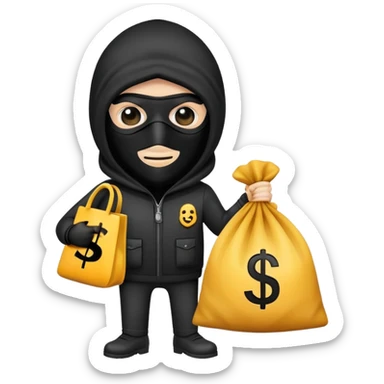 a burglar emoji holding a bag with a dollar sign on it, with a black mask sticker