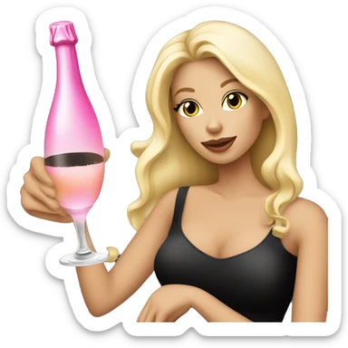Pretty blonde lady with flowing hair drinking pink champagne and black t-shirt no cleavage sticker