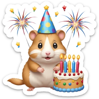 A hamster celebrating a birthday by throwing fireworks in front of a cake. sticker