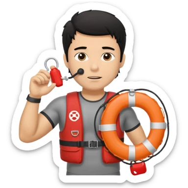 Dark Tan Muscular lifeguard with messy black hair with whistle hand, life preserver sticker