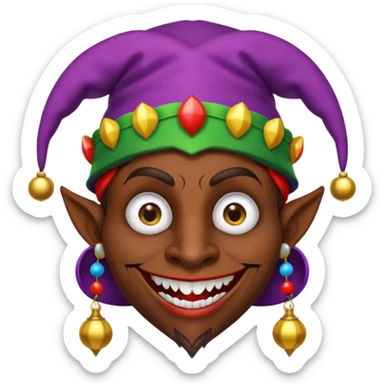 Dark brown skin medieval jester with white pupils and fangs sticker