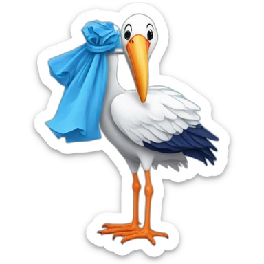 White stork carrying a blue bundle of cloth in its beak that has a human baby with dark hair and the baby face and head is peeking from the cloths bundle the strok is carrying with its beak sticker