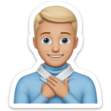 Man with hands gripped around neck crossed like he is choking while smiling sticker