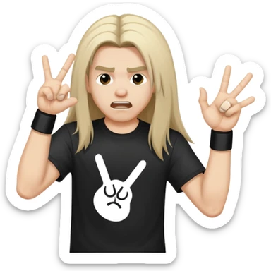A person headbanging with long hair, wearing a black band t-shirt, making rock hand gesture sticker