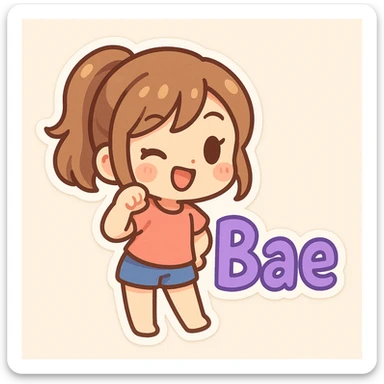 chibi sticker with the word 'Bae' in cute, playful purple text sticker