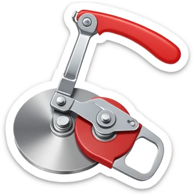 kitchen can opener tool with red handle and metal cutting wheel sticker