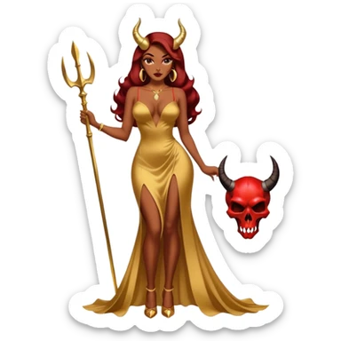 Sexy, playboy woman brown courtly hair seductress devil horns gold long dresss with slit, Jessica rabbit style holding a skull  sitting on top of gold wearing tall platform heels sticker