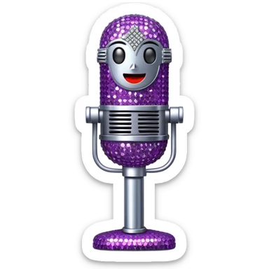 Create a glamorous and vibrant emoji representing stage vocal performance. The design should feature a classic vintage microphone at the center, surrounded by humanless an eye-catching stage costume covered in rhinestones, sparkling brightly. The costume should be stylized, with glittering elements like sequins and sparkles, and reflect the glitzy, extravagant nature of show business. The microphone should have a sleek, retro look with chrome or metallic accents. Use rich, dazzling colors like gold, silver, deep purple, and bright red to evoke the glamorous, larger-than-life feel of a stage performance. The background should be transparent. sticker