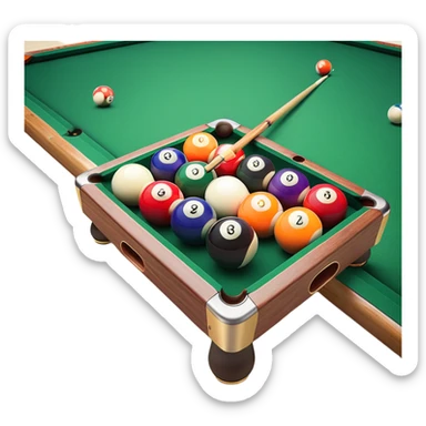 A close-up of a pool cue aimed at a set of colorful billiard balls resting on a green felt table. The focus is on the cue stick and the arrangement of balls, with subtle details of the game’s texture and atmosphere, emphasizing the precision and skill of billiards. sticker