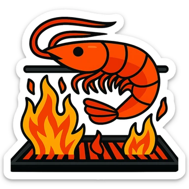 A playful illustration of shrimp grilling over flames with no background, colorful and fun style. sticker