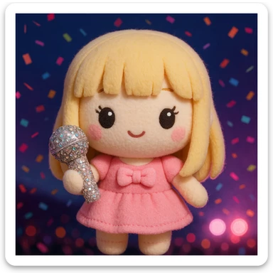 Pretty and girly Blonde pop star with bangs, holding a bedazzled microphone, reimagined as a soft kawaii plushie doll, with a nighttime concert backdrop with colorful confetti sticker