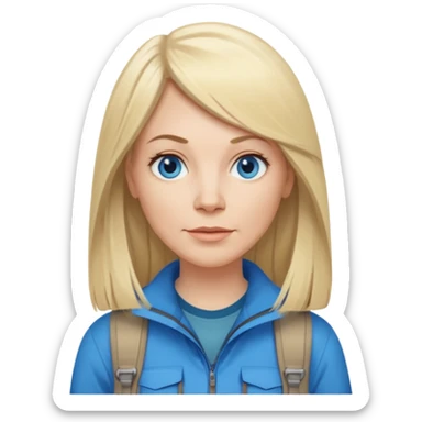 45 yr old white woman, pale skin, long straight blond hair parted in center, blue eyes, bangs, clothes for hike sticker