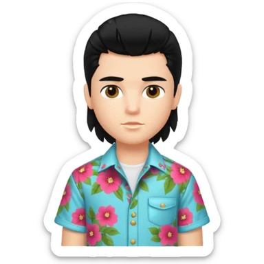 generate a pretty bratz fair skinned boy with a mullet black hair wearing a floral shirt sticker