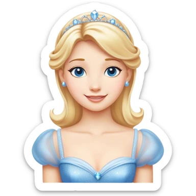 Cinematic Radiant Cinderella Portrait Emoji, rendered in a clean vector-style with bold proportions. Show Cinderella with a warm, serene smile, fair skin, and lustrous blonde hair, wearing a simple yet elegant dress that shimmers with gentle light. The image glows with an inviting, soft radiance and high shine, embodying timeless beauty. sticker