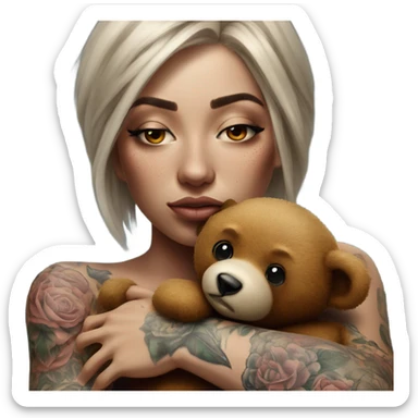 Hyper Realistic Beautiful tattooed woman crying lying hugging a Teddy bear sticker