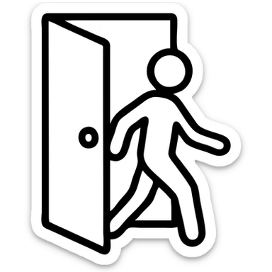 minimalistic icon of a white human figure walking through an open outlined door, viewed from the front, door with visible doorknob, solid green background, flat simple clean lines, high contrast sticker