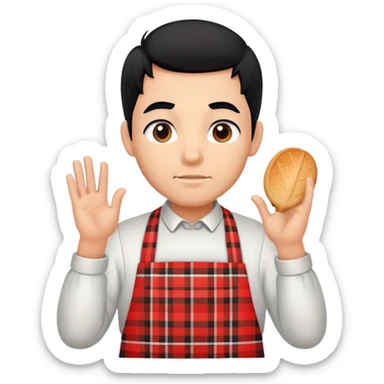 big boy with black hair all up, wearing a white and red plaid apron sticker