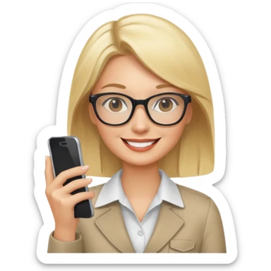 Blonde marketing agent with phone and glasses sticker