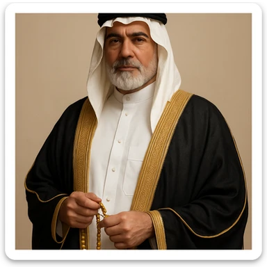 classic rich Arab man, white thobe, ornate bisht, holding prayer beads, sophisticated sticker