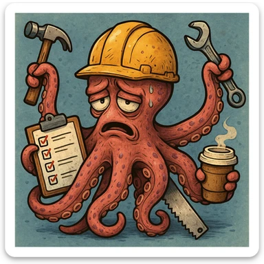 An overwhelmed construction worker with an octopus body, helmet on head, tired expression. Tentacles grasp a hammer, checklist, wrench, saw, and coffee, emphasizing multitasking and stress, detailed and colorful cartoon style. sticker