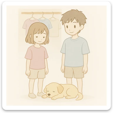 Zoom out to show the full bodies of the boy and girl standing in front of the closet, making the closet more visible. Maintain the soft watercolor illustration style with pastel colors, delicate linework, a gentle, whimsical mood, anime-inspired features, and minimal, soft shading. sticker