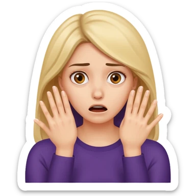 frightened woman covering face, fingers spread, looking at screen sticker