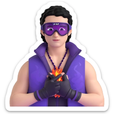 male athlete with white skin and moderately curly black hair on top with shaved sides, wearing ski goggles with purple frames and very dark black lenses, a simple plain black chain necklace, and a completely unzipped sleeveless vest with purple and black sequin fire pattern design, fully revealing his chest, shoulders and arms, no earrings sticker
