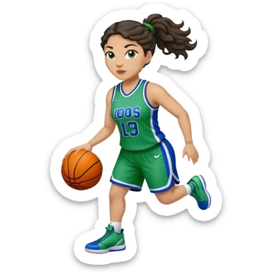 full body plus size light skin latino women basketball player with wavy dark hair in pony tail wide nose wearing green and blue uniform sticker