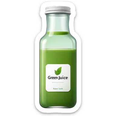 green juice in clear square bottle with label sticker