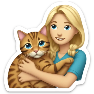 Brown-haired woman and blond blue eyed man hugs Bengal cat sticker