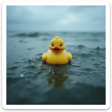  Cinematic still, Extreme Closeup shot of Yellow duck toy on ocean during cloudy day, stormy sea, Camera from top, inspired by interstellar sticker
