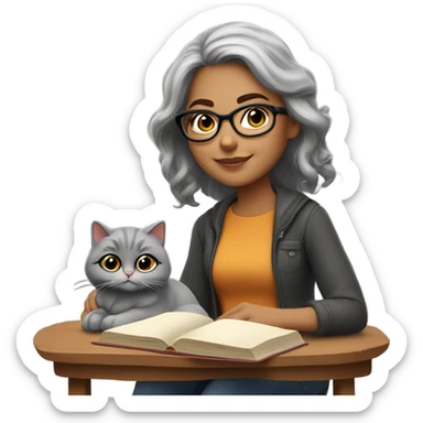 Beautiful Hispanic girl, wearing glasses, shoulder length gray hair, sitting with a cat and book on her lap.  She’s wearing fall colors.  sticker