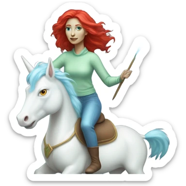 [
	{ woman: alien, color: light green, hair:red, eyes:blue} ]
	on a 
	[{ unicorn: white, legged:six, mane: light blue }] sticker