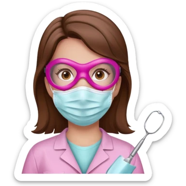 Dentista mujer con mascarilla rosada, cabello marron, piel blanca, camisa rosada, ojos marrones, sin lentes sticker