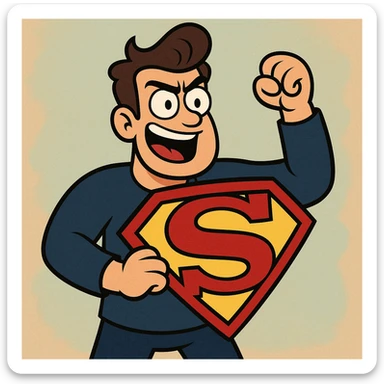 cartoon character holding shield shaped like S inspired by Superman logo, bright colors, representing Sauvenière sticker