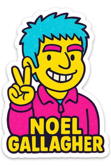 Noel Gallagher with a cheeky grin, holding up two fingers, pop art style sticker