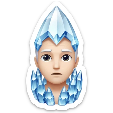 A single crystal character inspired by a clear quartz cluster, chunky base with many tall transparent crystal spikes growing upward all around it with a face sticker