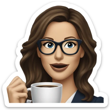Hyper Realistic Kate Beckinsale dark blue eyes wearing glasses in a business dress drinking coffee happy  sticker