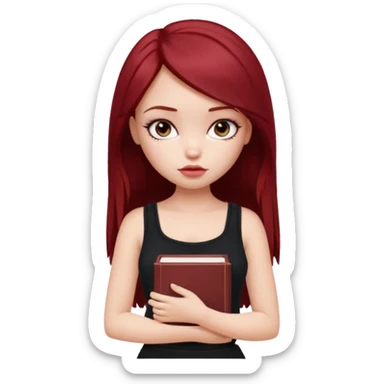 a pretty bratz fair girl with dark red straight hair, black cami top, looking sad holding books sticker