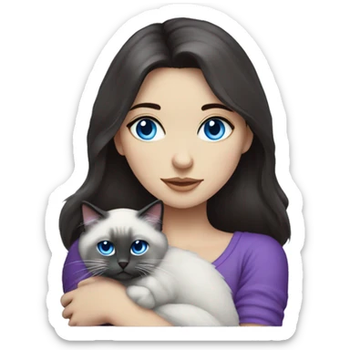 Dark-haired blue eyed girl wearing purple hugging blue colorpoint ragdoll cat sticker