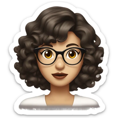 a young woman with dark brown, medium-length wavy hair and soft curls framing her face. She has a styled fringe, reminiscent of a vintage Marilyn Monroe look, and wears glasses that highlight her expressive dark brown eyes sticker