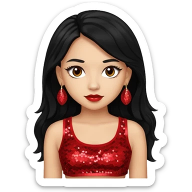 Jade from Bratz with long black hair, light skin, brown eyes, red sequin crop top sticker