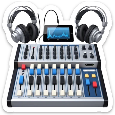 Create a professional and technical emoji that represents sound engineering. The design should feature a sound mixing console with faders, a pair of studio headphones, and audio waveforms to symbolize the precision and technicality of sound mixing and mastering. Include elements like a microphone or audio cables to reflect the recording aspect. Use colors like silver, black, and dark blue to represent the technical, yet artistic side of sound engineering. The background should be transparent. sticker